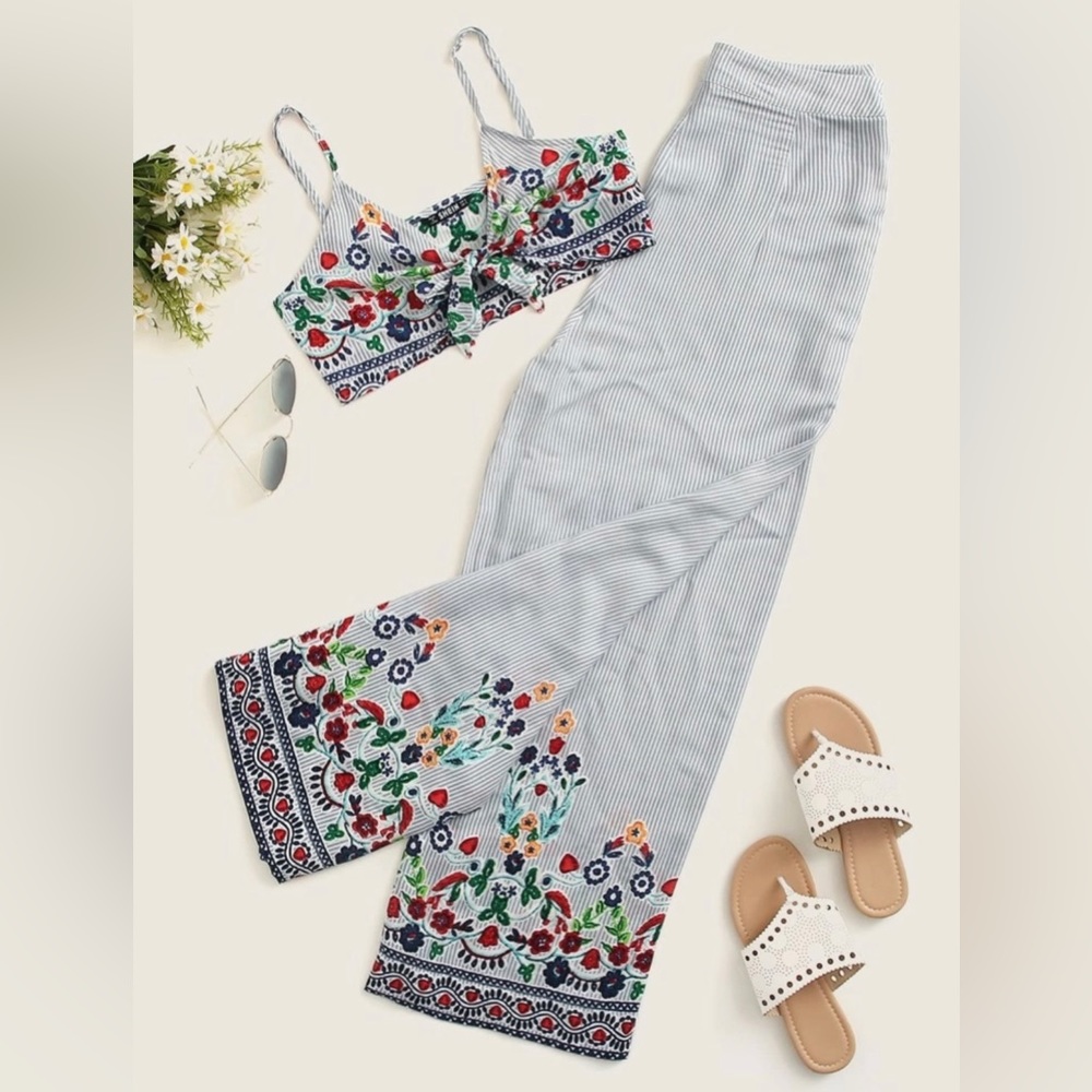 Coord Set Embroidered Spring Floral Striped Cami Tie Top and Matching Pants